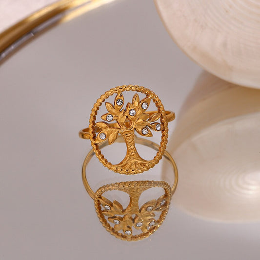 2022 Fashion Personalized Popular Ring Jewelry Minority Stainless Steel Zircon Inlaid Life Tree Open Rings For Women Gifts