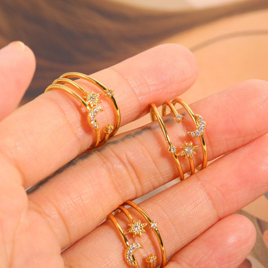 New Design Gold CZ Zircon Star Moon Ring 2022 Fashion Statement Geometric Gold Silver Color Charm Lady Girl Ring Jewelry