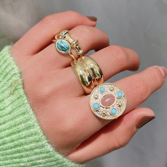 4pcs/set Boho Vintage Gold Zircon Inlaid Ring Set For Women Turquoise Crystal Engagement Ring 2022 Bohemian Jewelry Gifts